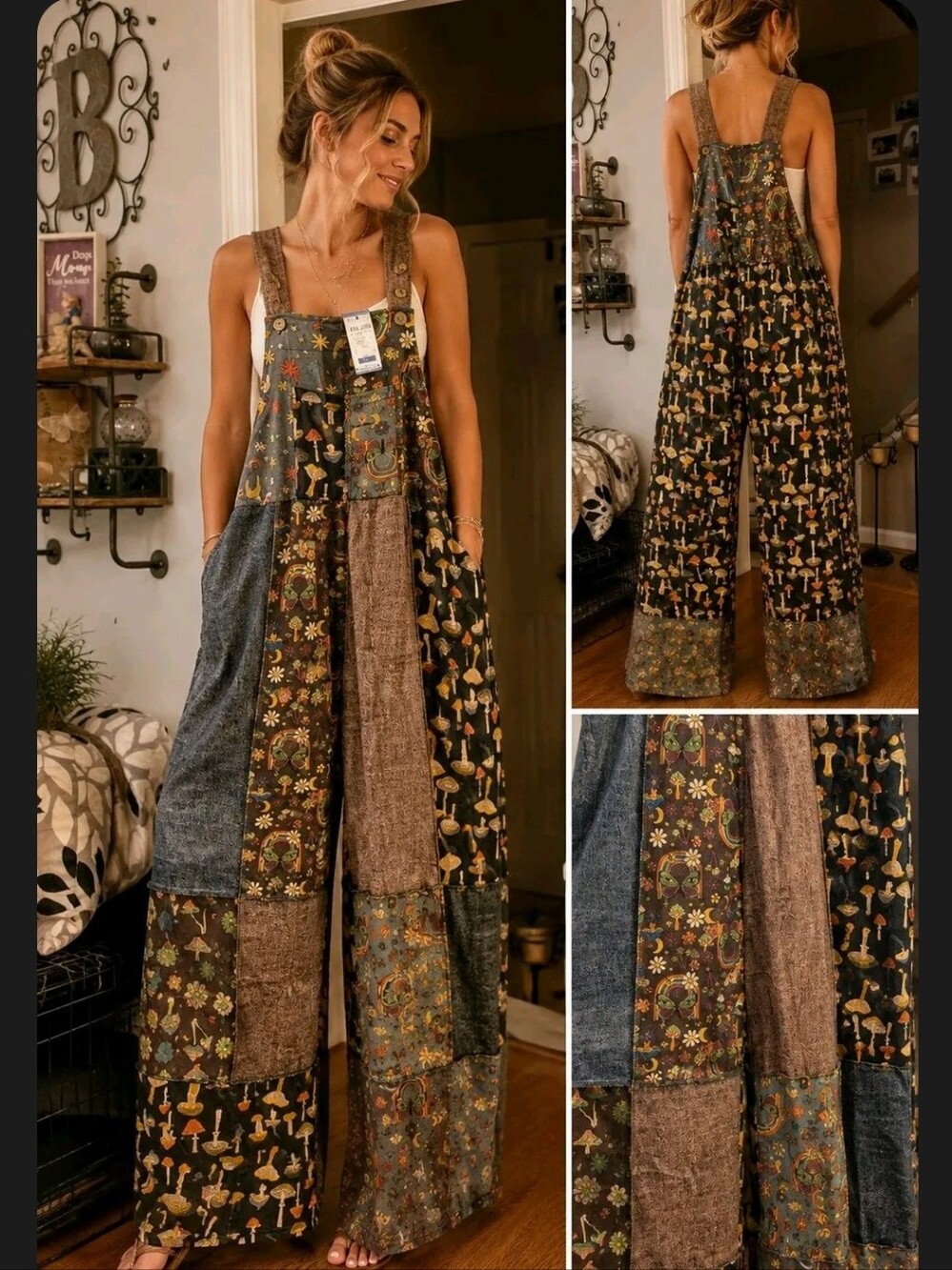 Boho Patchwork Wide-Leg Jumpsuit - Brown Multi